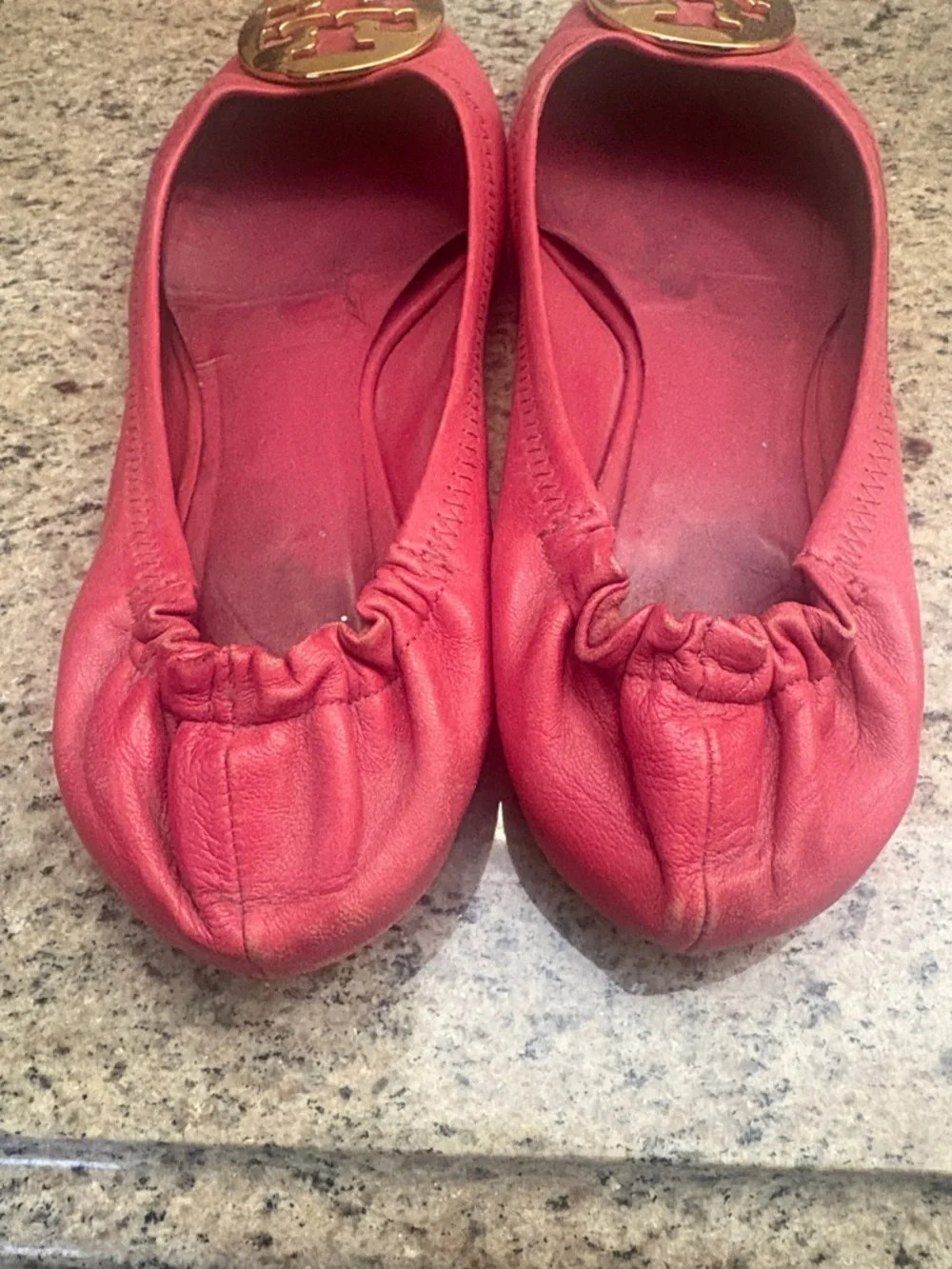 Tory Burch Red Leather Logo Ballet Flats with Gold Medallions - Picture 2 of 6